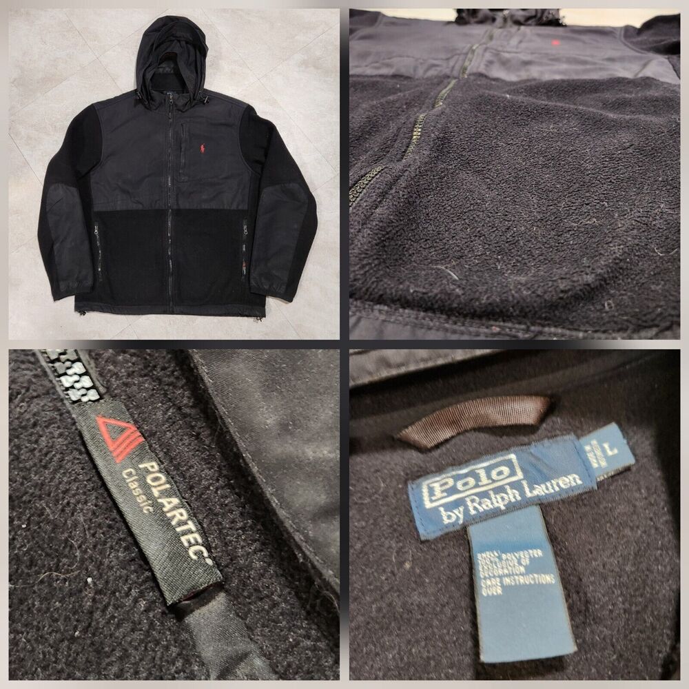 VTG Polo Ralph Lauren PRL Mens‎ L Large Black Denali Fleece Hooded Hybrid Jacket